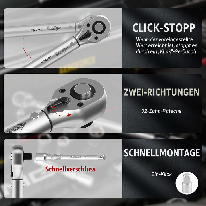 AEROFORCE 50 TLG Fahrrad-Drehmomentschlüssel-Set (5-25Nm), 1/4 Zoll Antrieb, Zoll-Pfund-Klick-Drehmo
