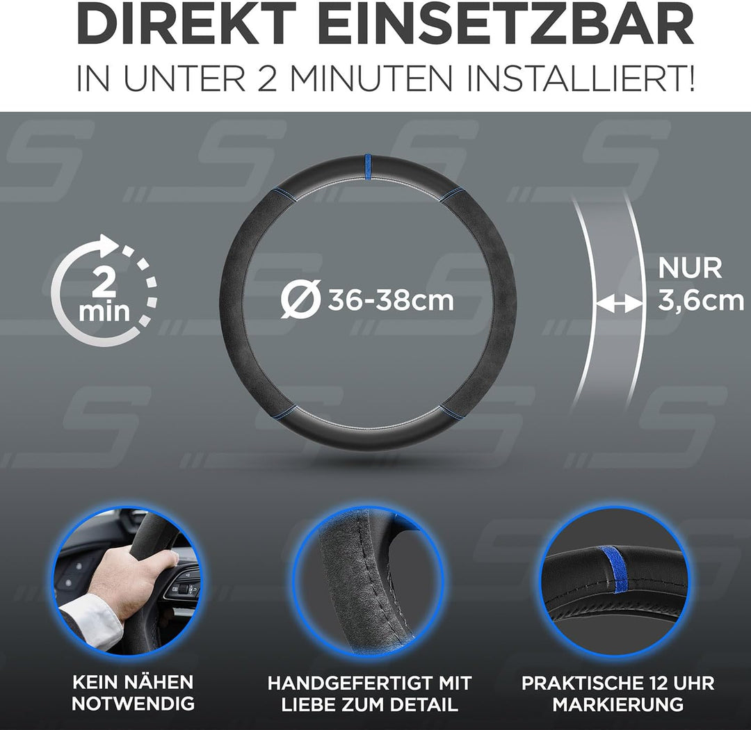 S-TETIC® Premium Lenkradbezug Nappaleder + Alcantara® | Blaue 12-Uhr Markierung | Universal Grösse 3