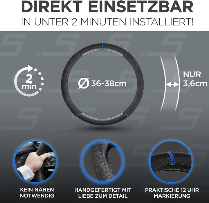 S-TETIC® Premium Lenkradbezug Nappaleder + Alcantara® | Blaue 12-Uhr Markierung | Universal Grösse 3