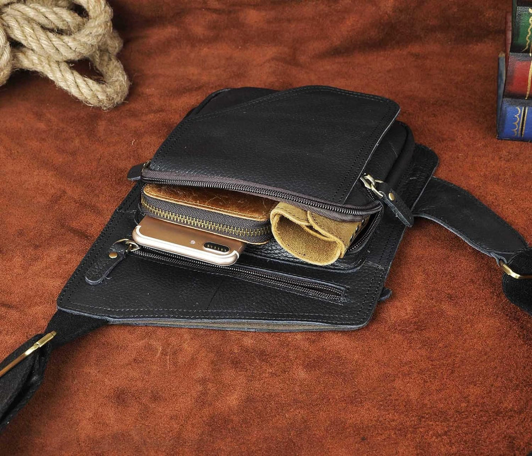 Le’aokuu Herren Echtes Leder Brusttasche Crossbody Bag Sling Bag Schultertasche Gurteltasche Umhänge
