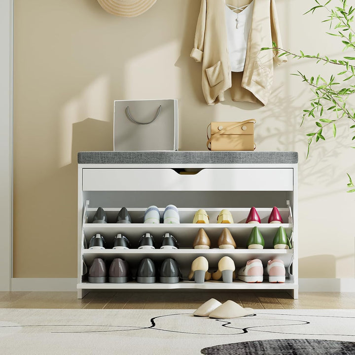 VOWNER Schuhschrank mit Klappen, Schuhregal Schuhkipper Schmal, Sitzbank mit Sitzkissen, Verstellbar