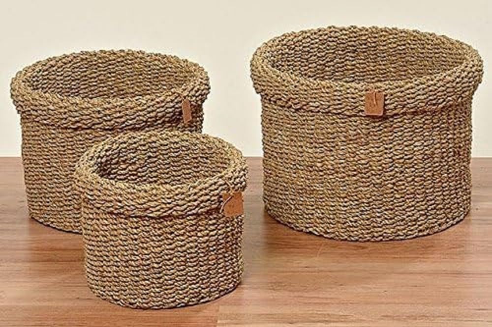 Boltze Sophy 3-teilig (rund, Aufbewahrungskörbe aus Seegras, natürliche Farben, Deko-Körbe im Boho S