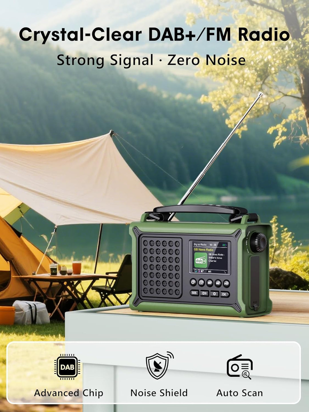 ROCAM Tragbares DAB+ Radio mit Bluetooth, 12000mAh Kurbelradio mit 8500mm² Solarpanel & 650mA Kurbel