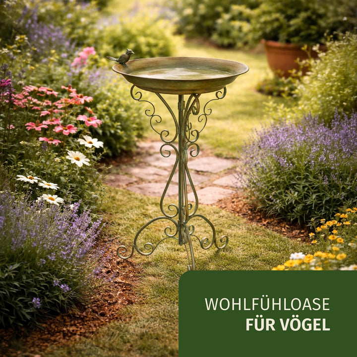 Moritz Vogeltränke Vogelbad grün mit kleinem Vogel auf der Wasserschale Höhe 73cm stehend Vogelbecke