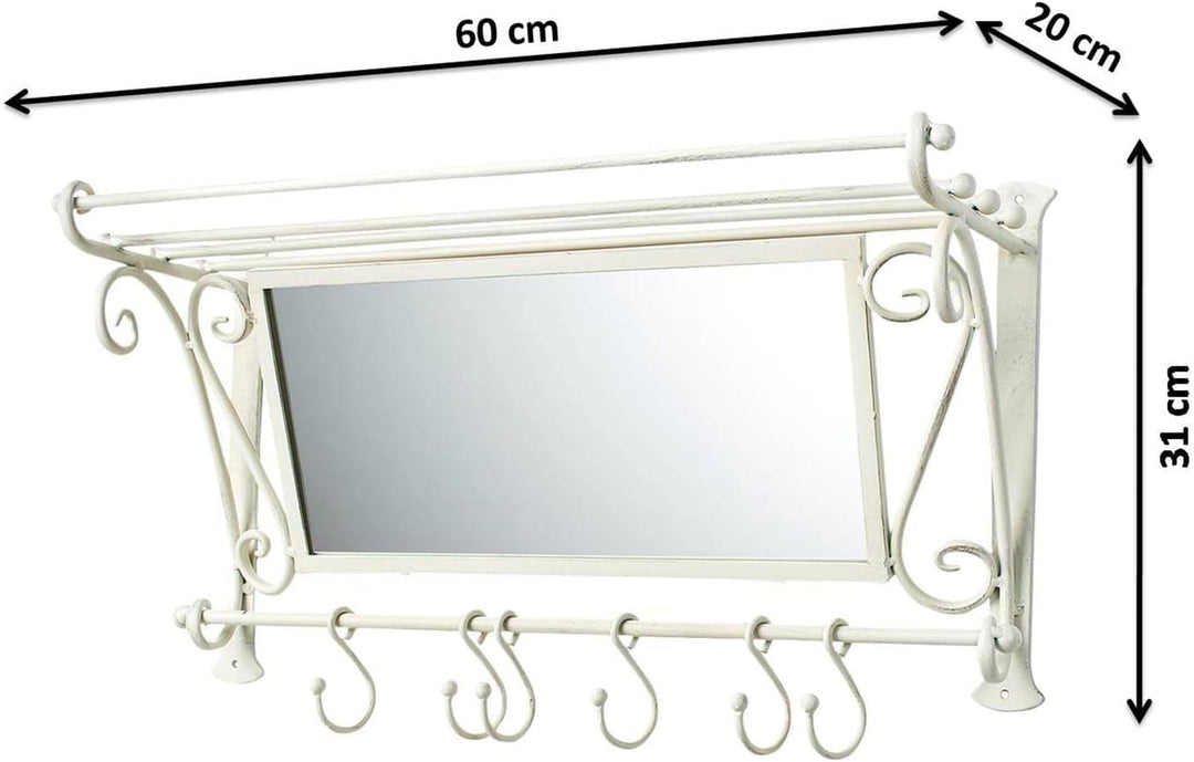 Kobolo Garderobe Antik-Weiss mit Spiegel und 6 Haken Metall
