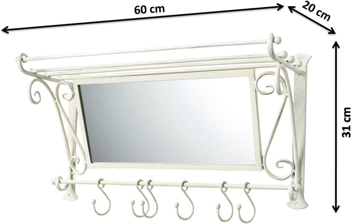 Kobolo Garderobe Antik-Weiss mit Spiegel und 6 Haken Metall