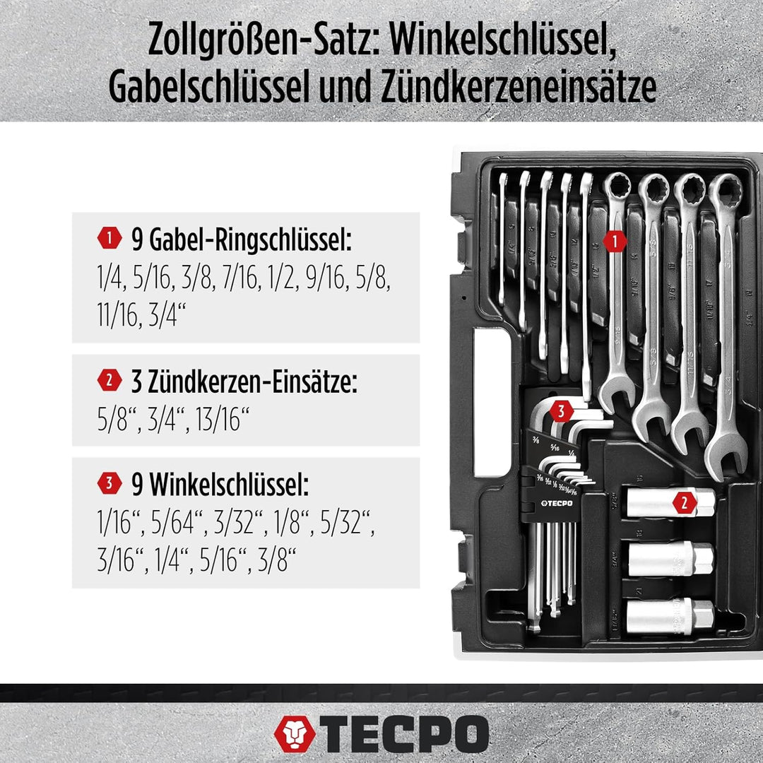TECPO 300383 Zoll Werkzeug Satz Harley Steckschlüssel Nüsse Grössen Nuss Set Ratschenkasten