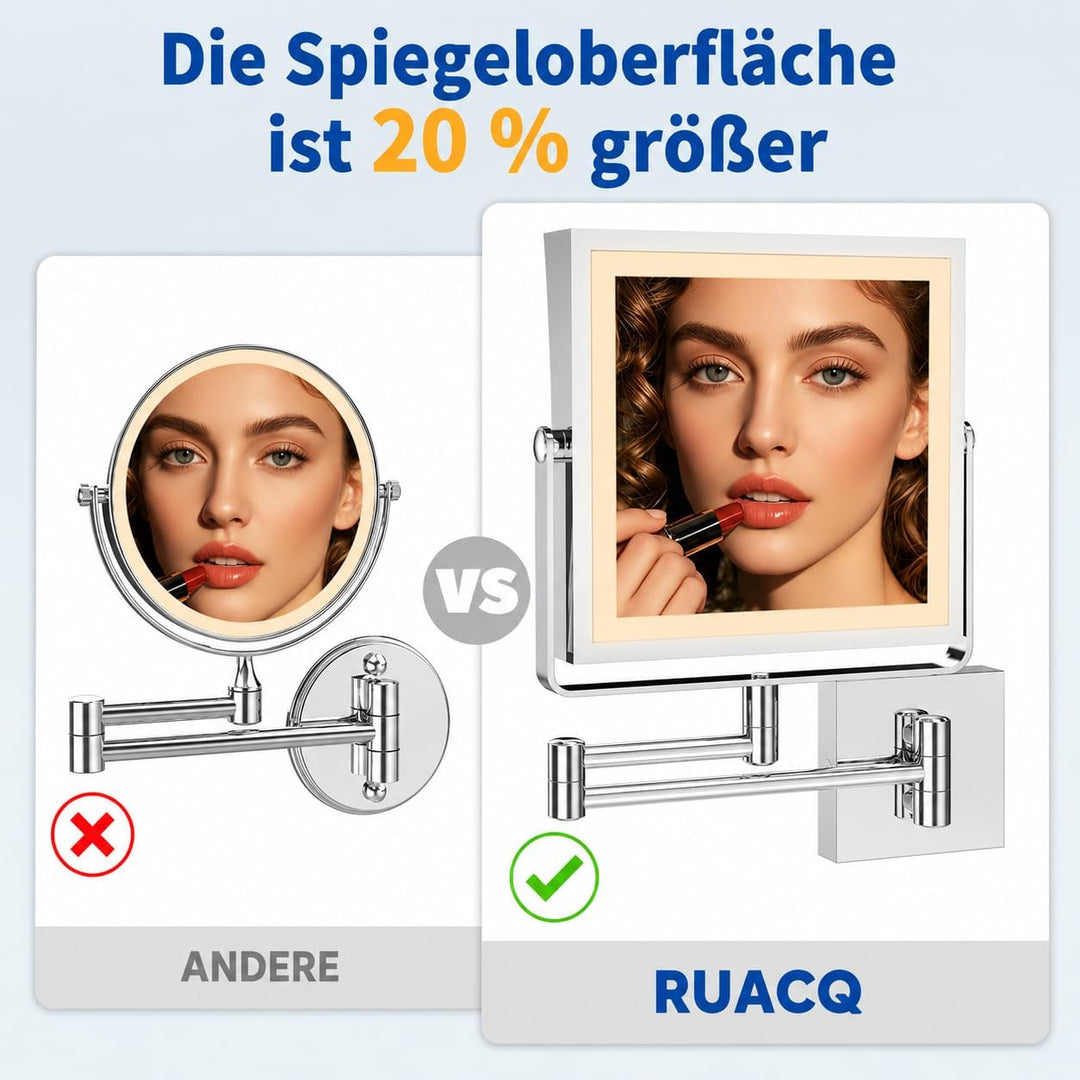 Ruacq Wiederaufladbarer Wand-Make-up-Spiegel mit Beleuchtung, doppelseitig, 1-fach/10-fache Vergröss