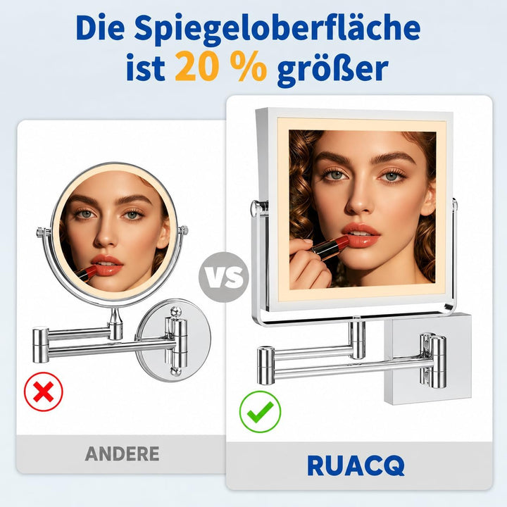 Ruacq Wiederaufladbarer Wand-Make-up-Spiegel mit Beleuchtung, doppelseitig, 1-fach/10-fache Vergröss