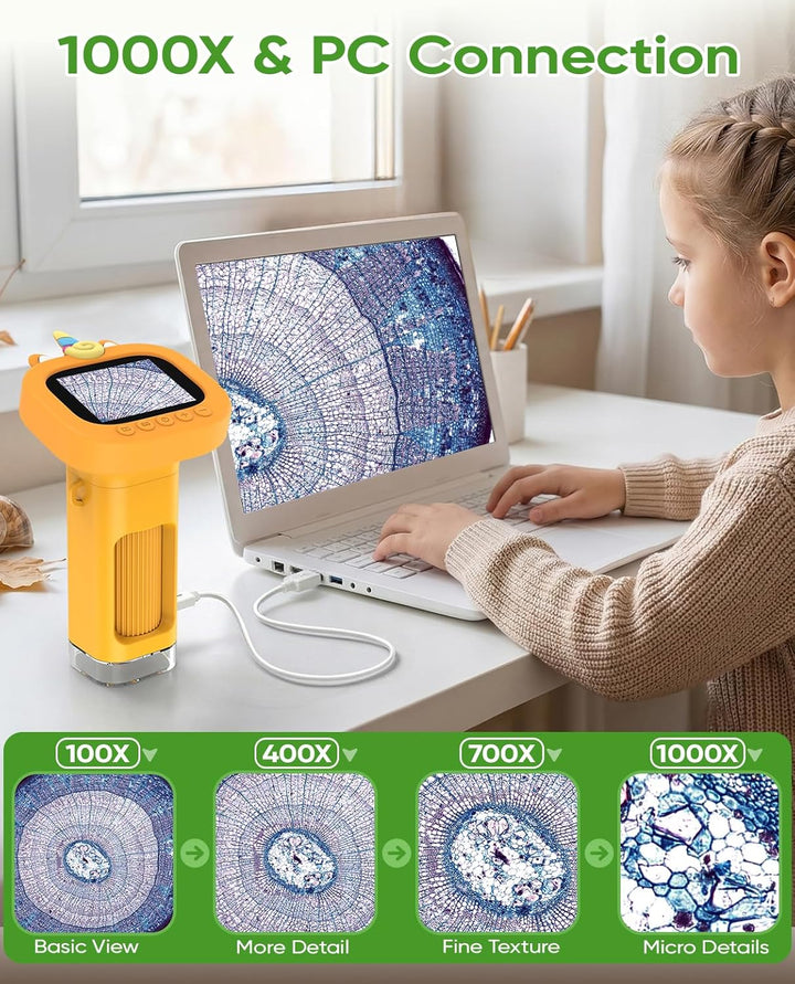 1000X Mikroskop für Kinder Taschenmikroskop Digital: 4K Handmikroskop für Kinder mit 2.4" Bildschirm