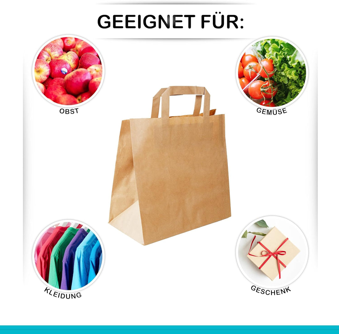 250 Stück Commerline Papiertüten Braun 26+17x25 cm | Kraftpapier Tüten Klein Mit Henkel | Tragetasch