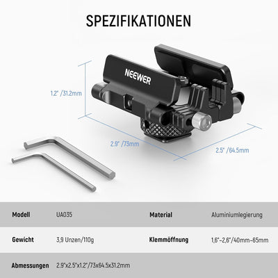 NEEWER Halterung SSD Halterung Aluminium, mit Cold Shoe, Kabelklemme, 1,6"-2,6"/40mm-65mm, kompatibe