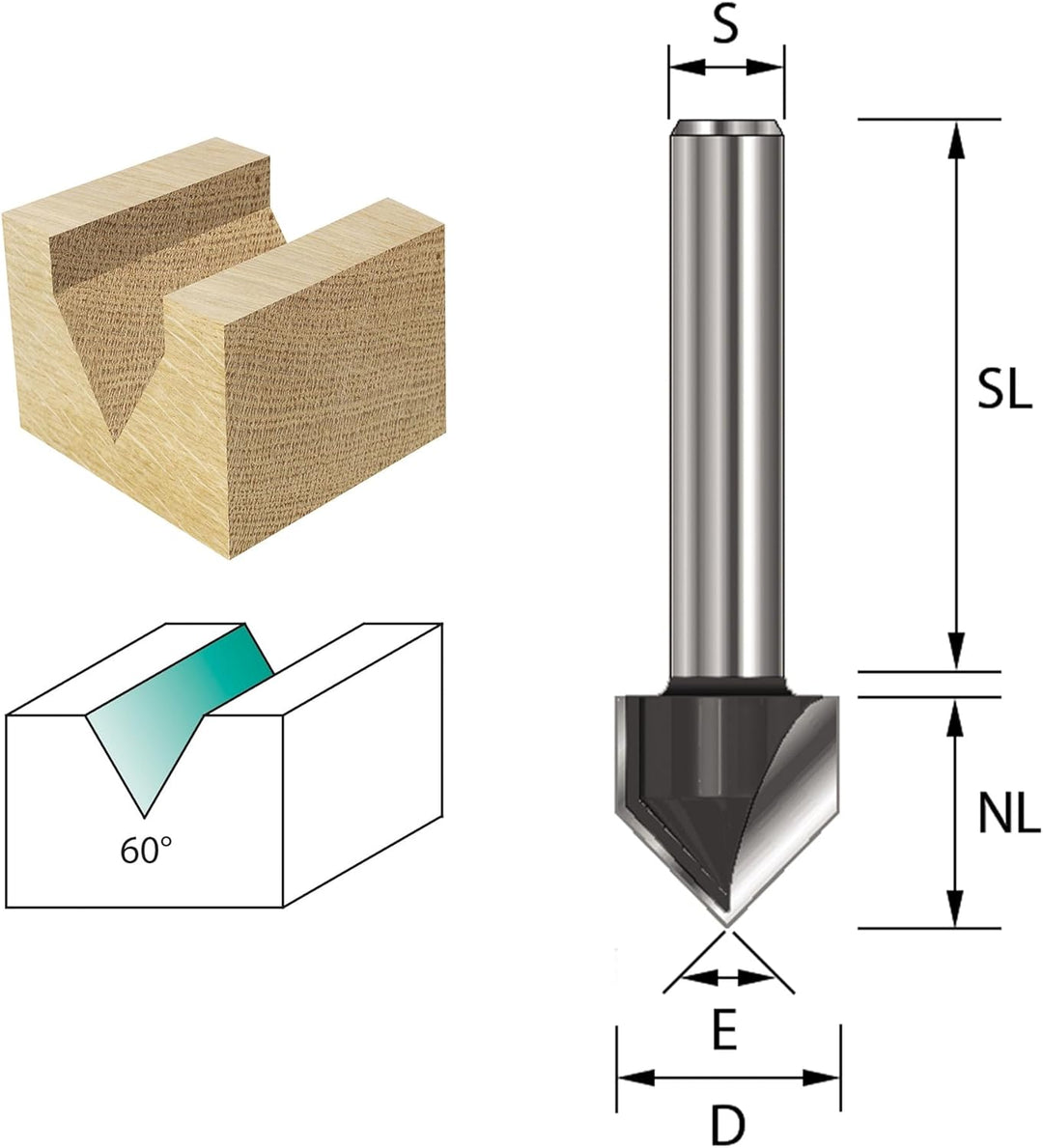 ENT 12050 V-Nutfräser und Schriftenfräser HW, Schaft (S) 8 mm, Durchmesser (D) 15,9 mm, NL 12,7 mm,
