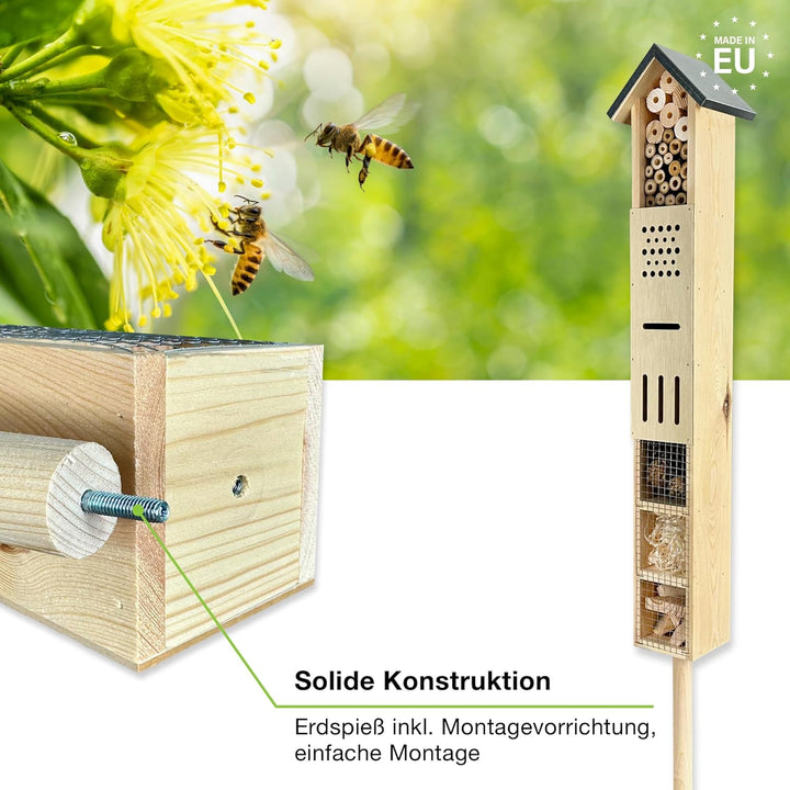 GARTENETAGE Freistehendes Insektenhotel aus Holz mit Erdspiess – Ideal für Wildbienen, Schmetterling