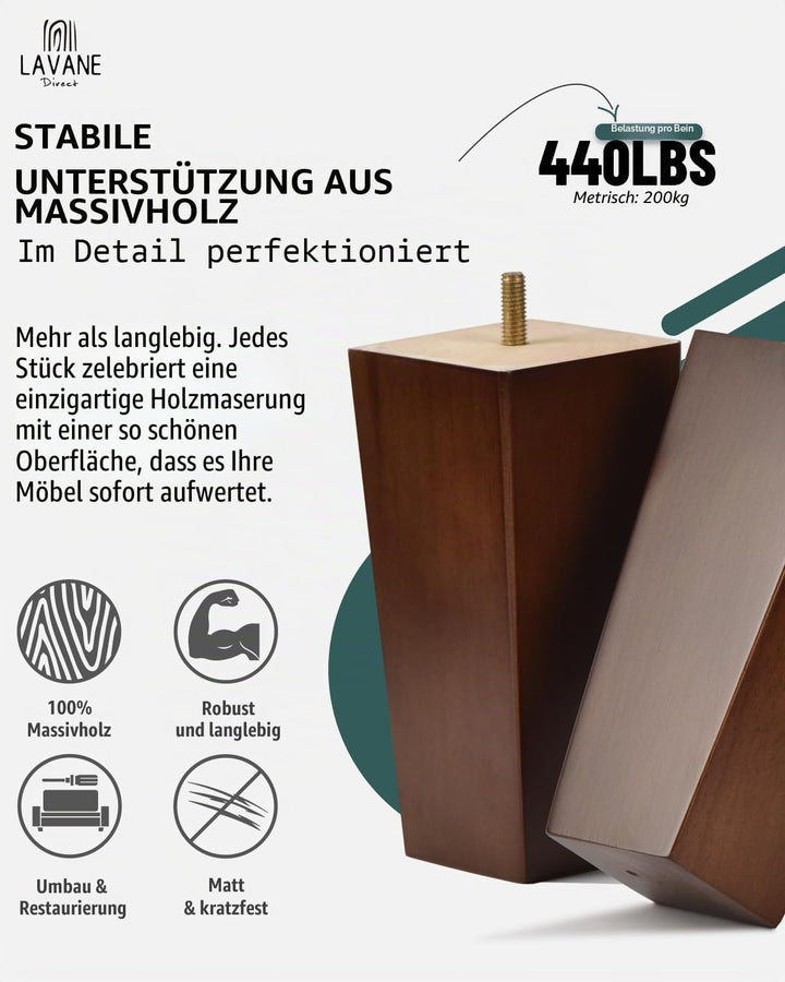 La Vane 4 Stück Möbelfüsse aus Massivholz - 12cm Höhe, Walnuss, Pyramidenform mit M8 Gewindebolzen &