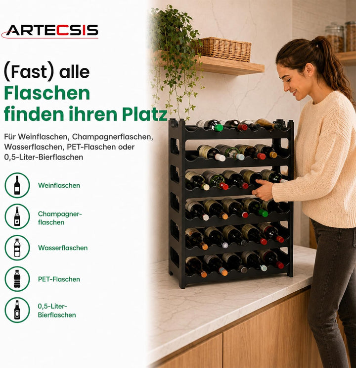 ARTECSIS Weinregal stapelbar Kunststoff für 36 Flaschen, stabiles leichtes Flaschenregal für Keller,