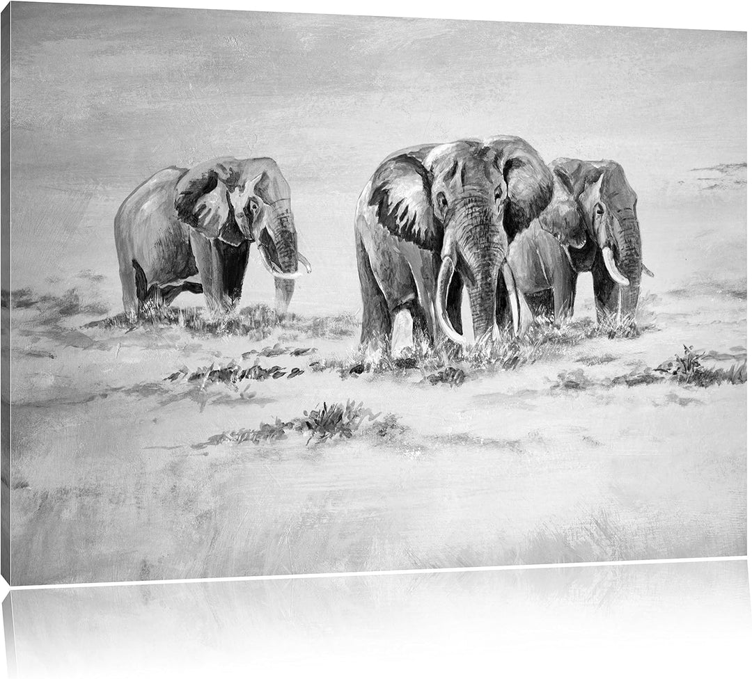 Pixxprint Afrikanische Elefanten in Südafrika Kunst B&W, Format: 100x70 auf Leinwand, XXL riesige Bi