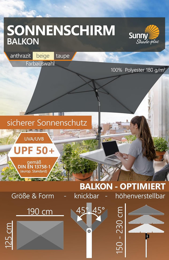 4smile Sonnenschirm Balkon SunnyShade Plus, Sonnnenschutz Balkon SET 3-in-1, Anthrazit - UV50+ Sonne