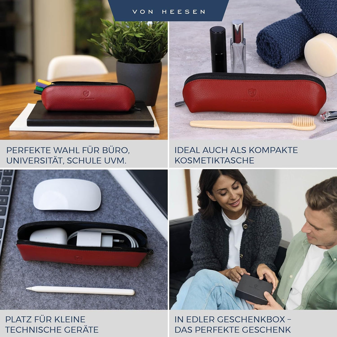 VON HEESEN® Echtleder Federmäppchen Leder Federmappe Etui für Stifte Mäppchen Schule Federtasche Uni