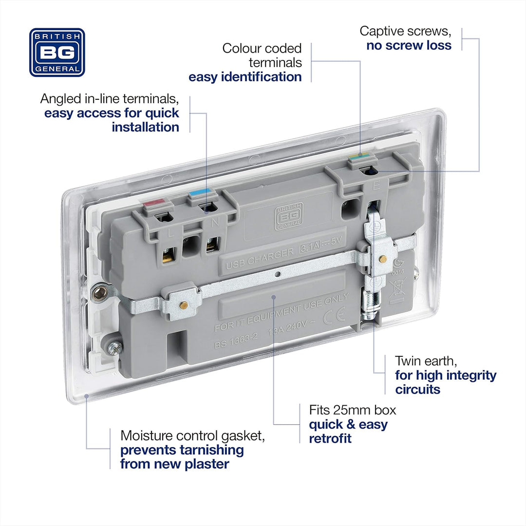 BG Electrical NBS22U3W Nexus Metall, gebürsteter Stahl, doppelt geschaltete 13A-Steckdose mit USB-Au