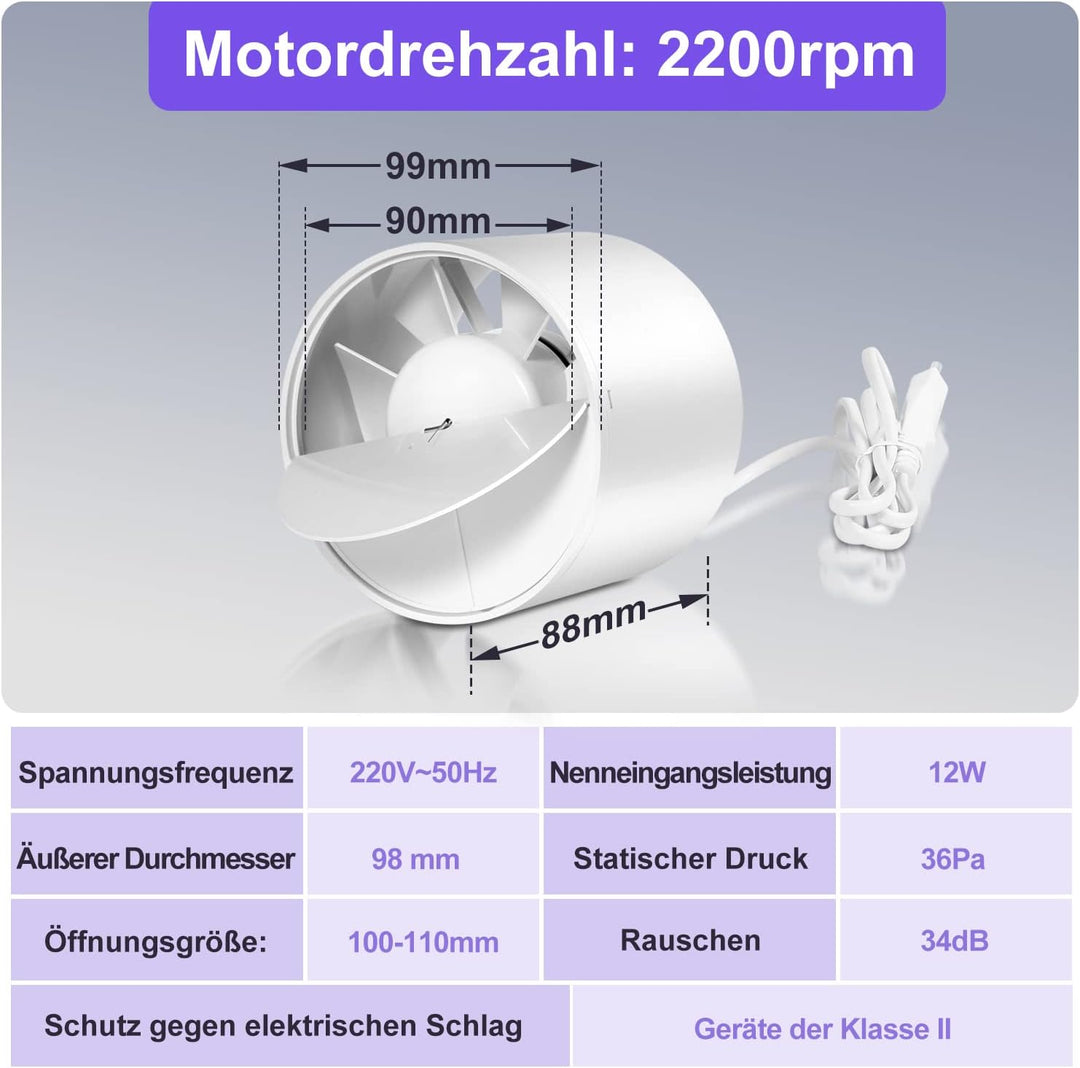 Ikodm Rohrventilator 100 mm Inline Abluftventilator 130 m3/h Rohrlüfter mit Rückstauklappe und EU-St