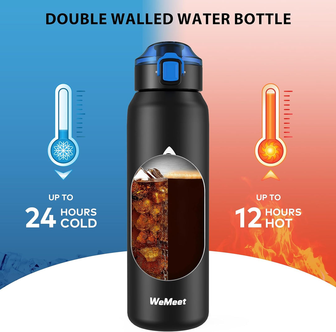 WEMEET 1000ml Trinkflasche Edelstahl mit Abnehmbare Strohhalm, [18/10 Edelstahl] BPA-frei Edelstahlf