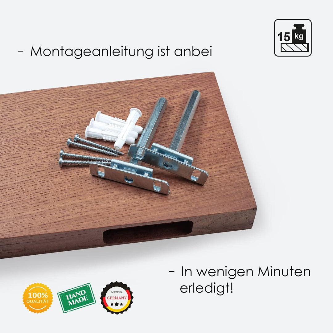 Rikmani Wandregal Holz Eiche massiv rot - Handgefertigtes Regal Bücherregal Holzregal Wandboard HOLY