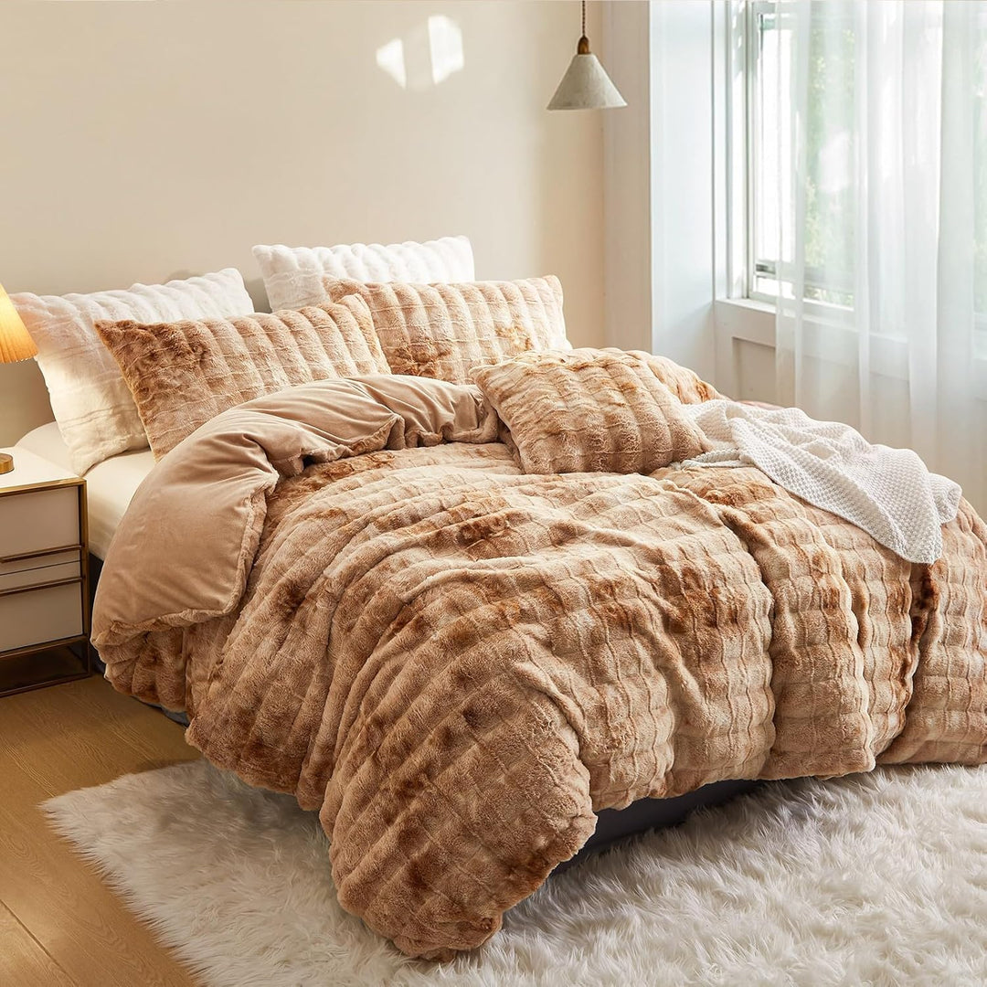 Freyamy Winter Bettwäsche 200x200 3tlg Braun Beige Gestreift,Warm Plüsch Langhaar Flauschig Bettwäsc