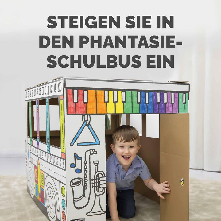 BANKERS BOX Colour-In School Bus Cardboard Playhouse für Kinder (114,3 x 78,74 x 83,82cm) - Craft Ac