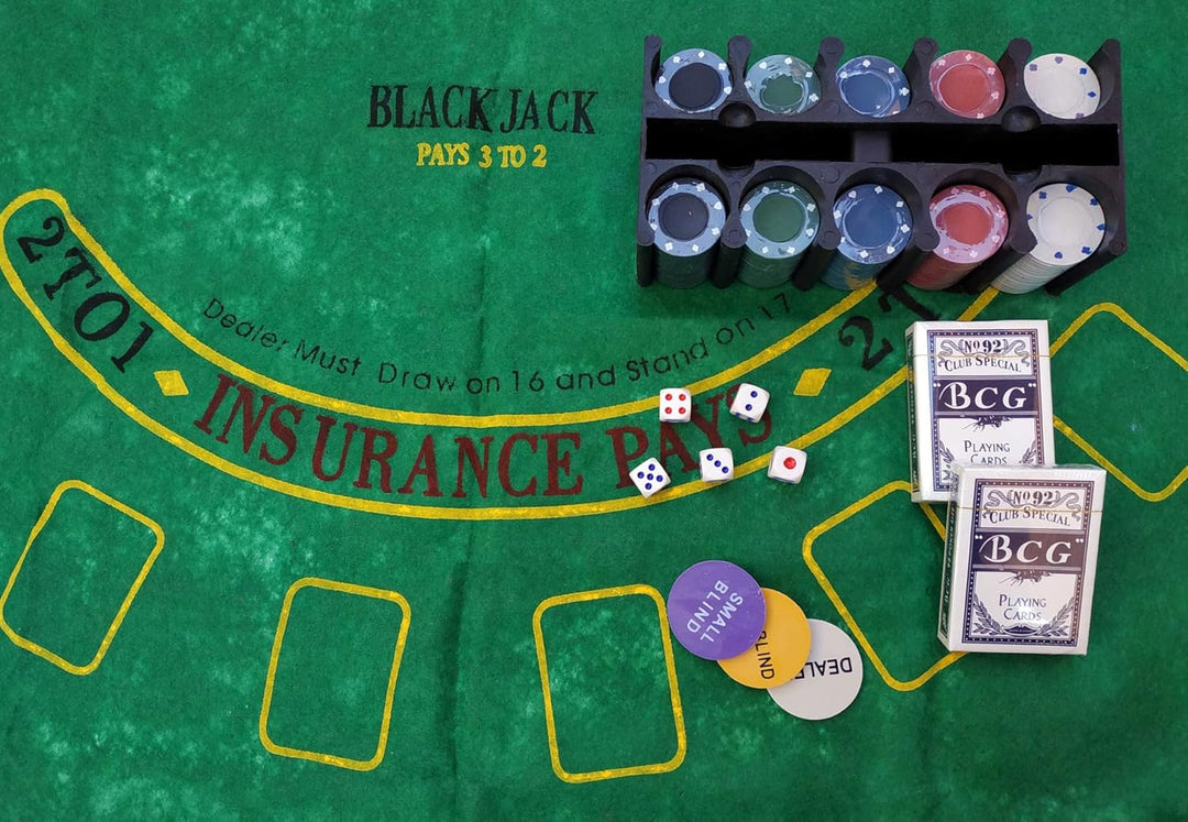 Poker & Blackjack-Set in Metallbox | 2 Kartenspiele, 200 Chips, Würfel, Dealer-Chip, Small Blind, Bi