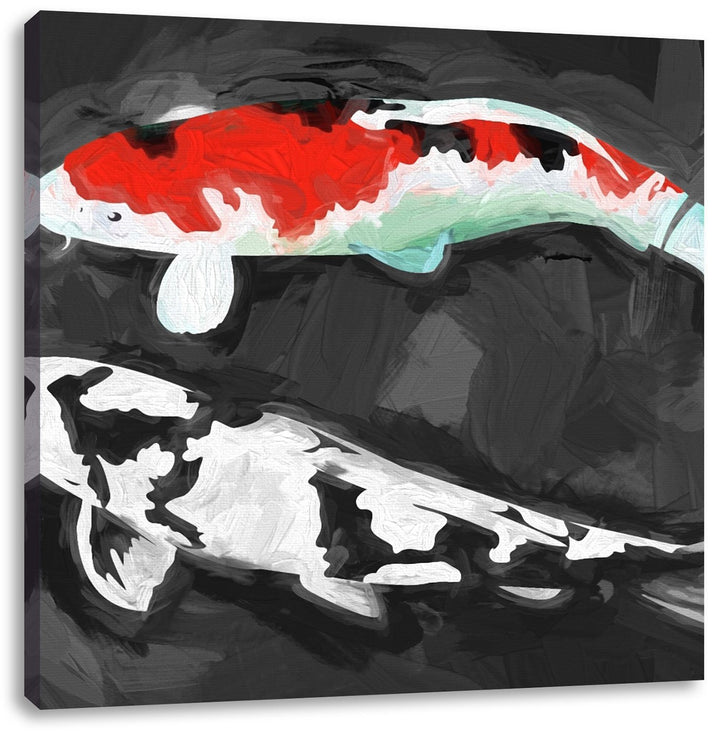 Gezeichnete Koi Karpfen, Format: 70x70 auf Leinwand, XXL riesige Bilder fertig gerahmt mit Keilrahme