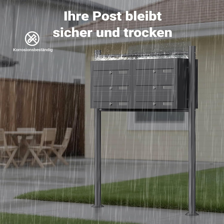 Wiltec 6er Briefkastenanlage Anthrazit 898 x 270 x 1150 mm, Standbriefkasten mit 2x3 Fächern, Schlüs