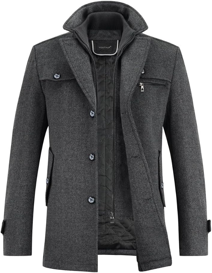 YOUTHUP Herren Wollmantel Dick Winter Kurzmantel Regular Fit Wintermantel Freizeit Herrenmantel Über