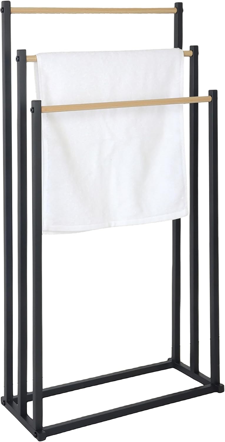 Relaxdays Handtuchständer, HBT: 86 x 44 x 21 cm, Metall, 3 Stangen in Holzoptik, stehender Handtuchh