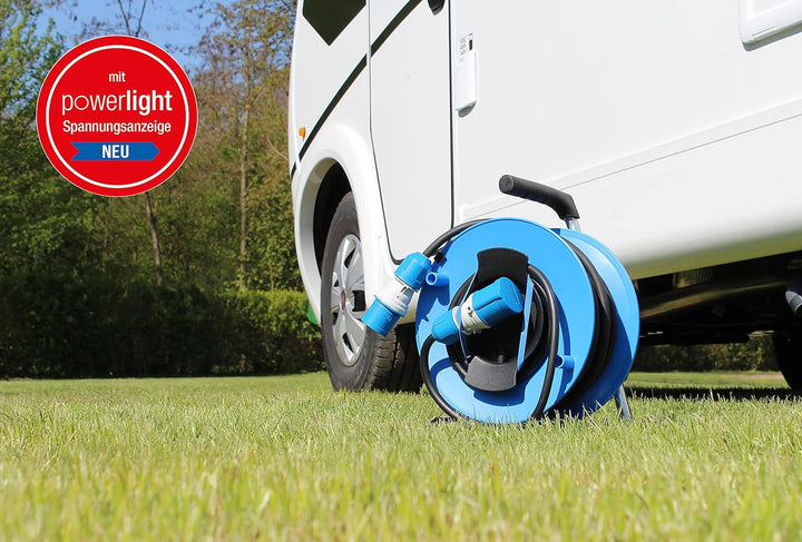 as - Schwabe CEE Outdoor Gerätekabeltrommel, 25m Gummileitung mit CEE-Stecker & -Kupplung mit neuer