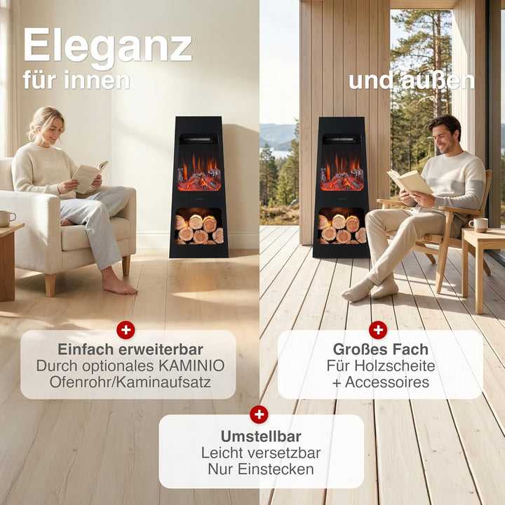 KAMINIO Elektrischer Gartenkamin Kai - Elektro Terrassenofen mit Heizung, 3D-Flammeneffekt, Holzfach