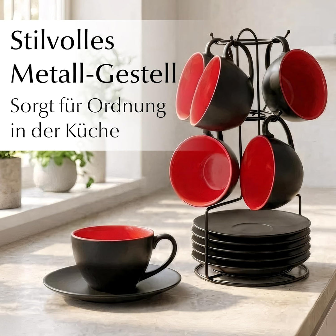 MIAMIO - 6 x 175 ml Tasse Cappuccino Tassen mit Unterteller & Ständer/Cappuccinotassen Set - Le Papi