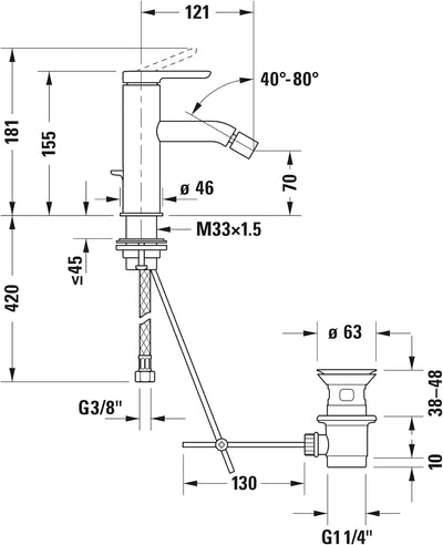 Duravit C.1 Einhebel-Bidetarmatur (Auslauf Höhe 70 mm), Bidetmischer mit Zugstangen-Ablaufgarnitur,