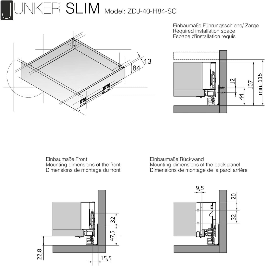 Schubkastensystem JUNKER-SLIM weiss Höhe: 84 mm Tiefe: 550 mm Soft-Close JUNKER-SLIM Tiefe 550 mm, J