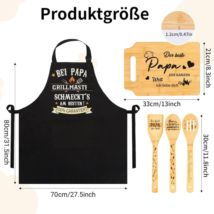 Defresit Papa Geschenk Set 5-in-1 – Lustige Grillschürze, Bambus Schneidebrett & 3 Holz Kochlöffel –