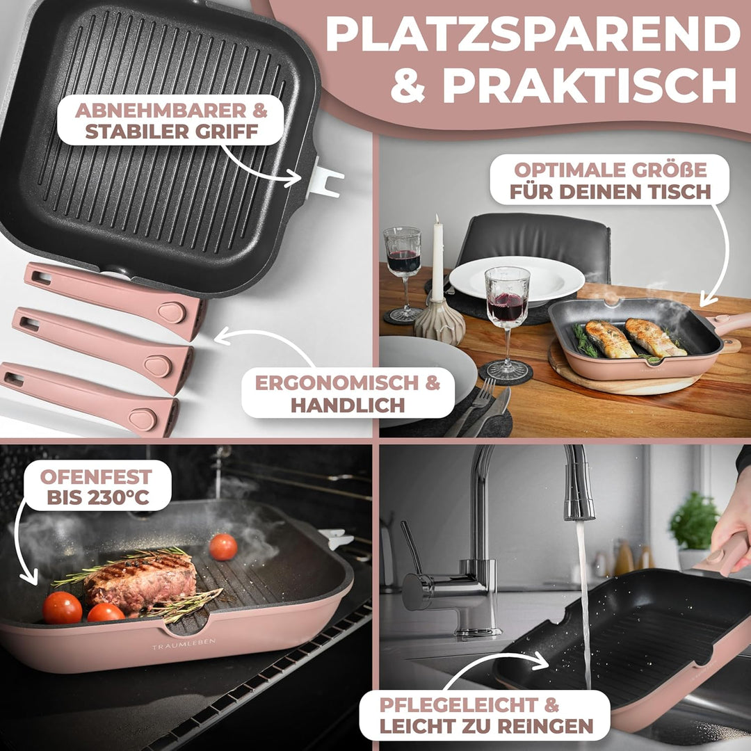 NEU Grillpfanne 28 cm mit Ausguss & abnehmbarem Griff, Antihaftbeschichtung, PFOA-frei, für Induktio