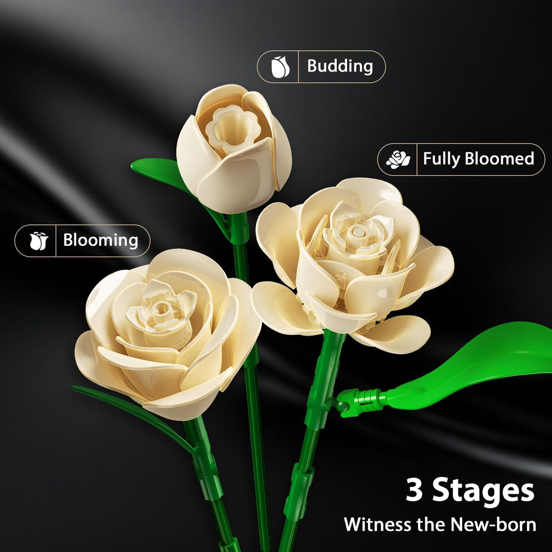 Weisse Rosenblumenstrauss-BAU Set 523 Teile Pflanzen-Sammlung Bausteinspielzeug, 12 Blumen als Heim-