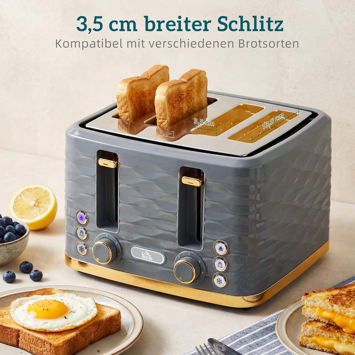 HOMCOM 4-Scheiben-Toaster mit 7 Bräunungsstufen, High-Lift, Aufwärm-/Auftau-/Abbruchs-Funktion, Selb