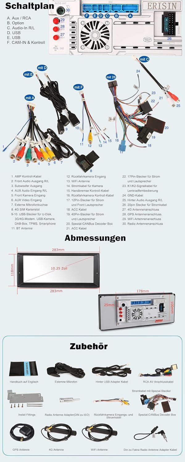 ERISIN 8-Kern 4GB+64GB 10,25 Zoll Android 14 Autoradio Bluetooth für BMW 5er E39 M5 GPS Navigation m