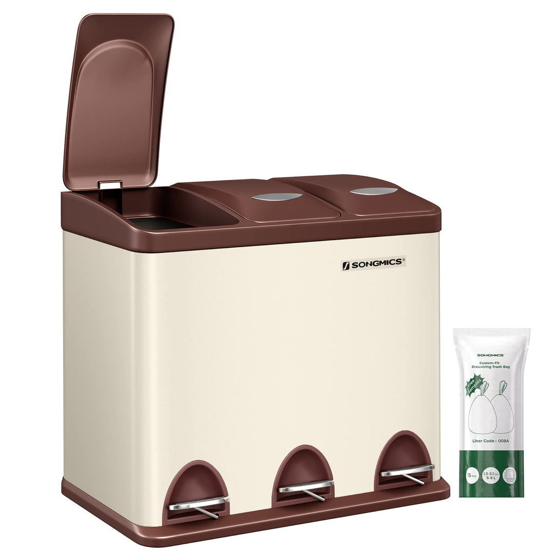 SONGMICS Mülleimer für die Küche, 3 x 8 L, Abfalleimer aus Metall, 3-in-1 Treteimer, Mülltrennung, M