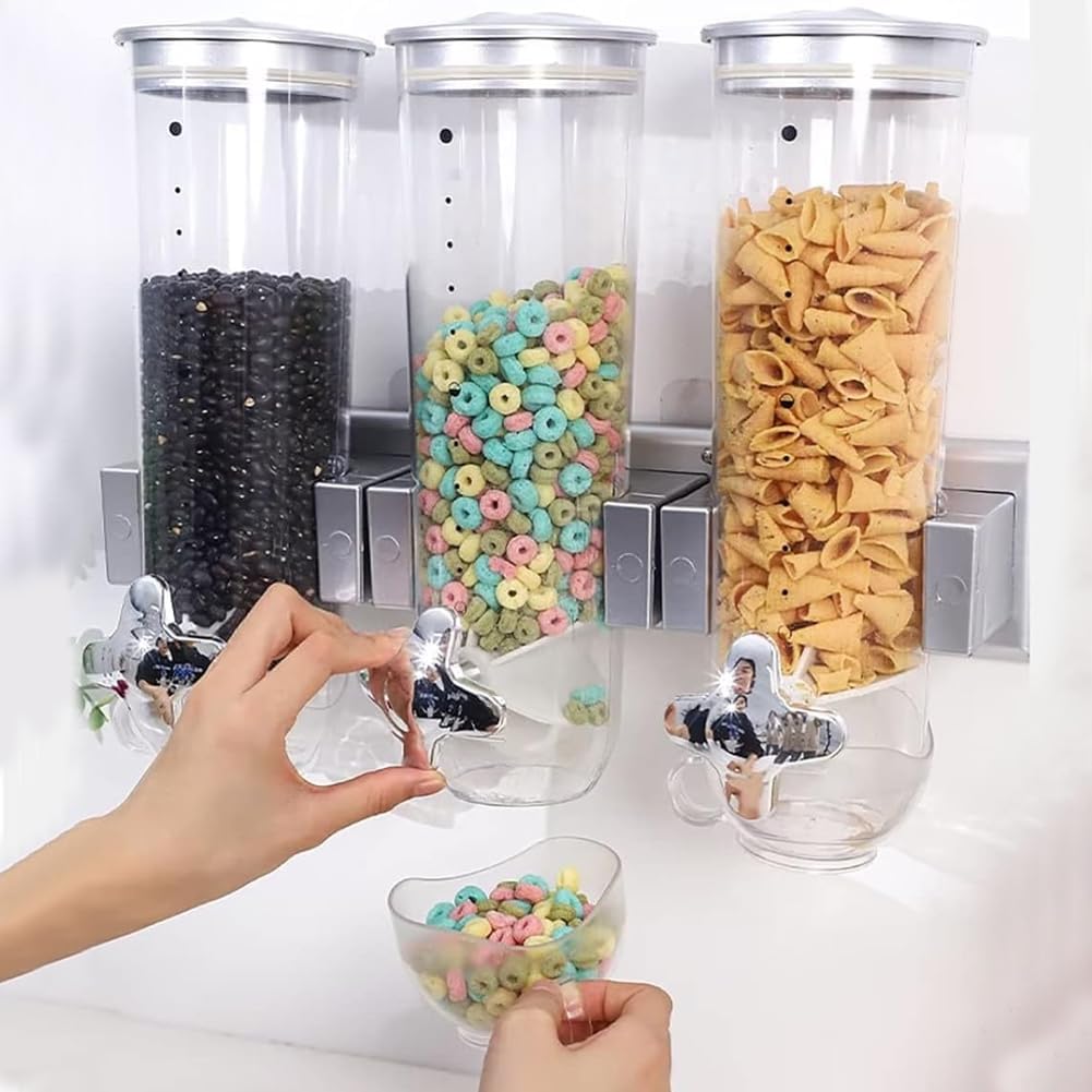 BAKAJI Dreifacher Müsli-Spender zur Wandmontage, Wandmontage, Spender für trockene Lebensmittel, Süs