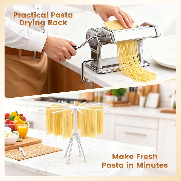 Manuelle Nudelmaschine, Edelstahl Pasta Maker mit 3 Schneidern, Nudeltrockner Nudelständer und 9 Ein