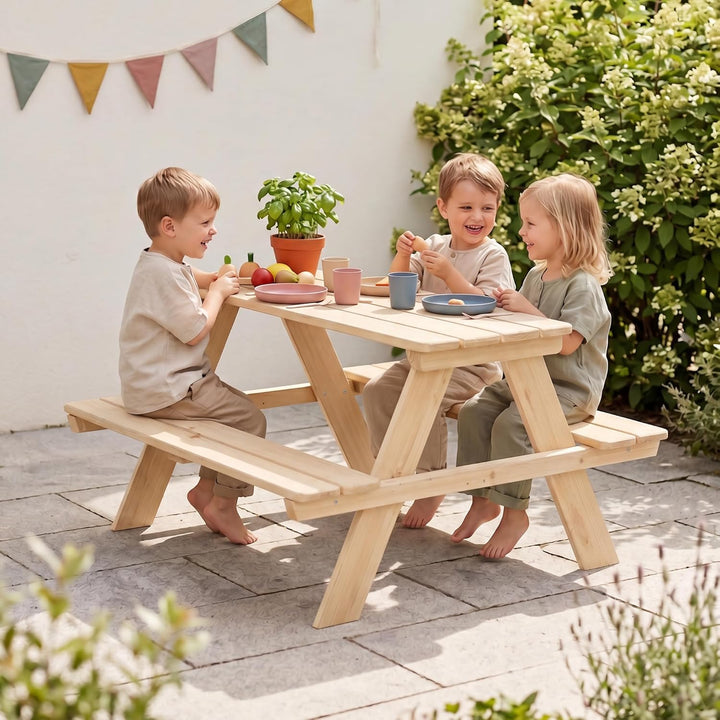 roba Kinder Outdoor+ Sitzgruppe "Picknick for 4" - Sitzgarnitur aus Massivholz - Natur