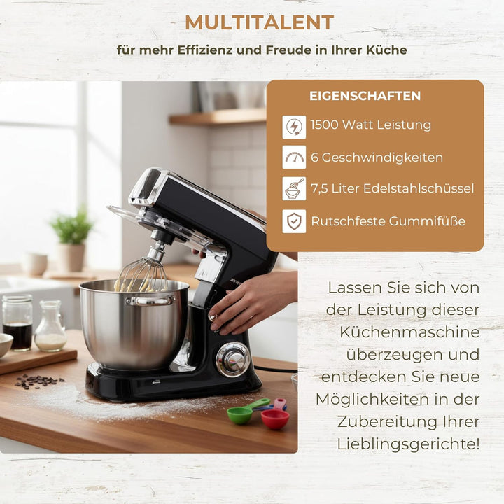 Syntrox Schwarz Küchenmaschine Wasas Mixen & Zerkleinern 7,5 Liter, Mixer und Fleischwolf in einem,