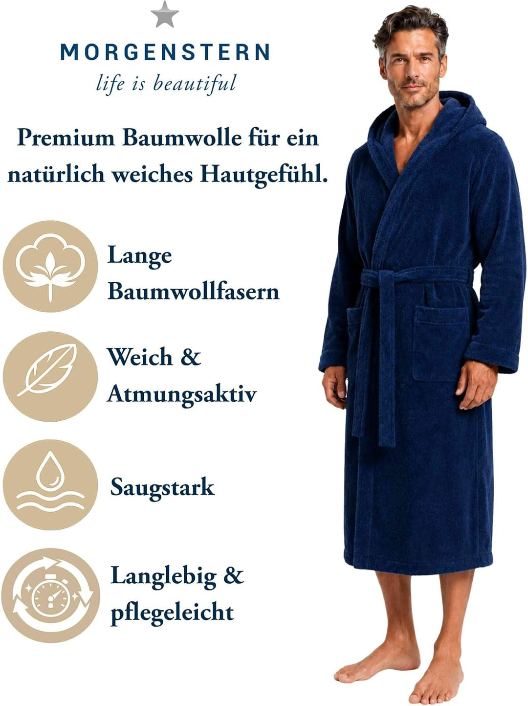 Morgenstern Bademantel Herren Kapuze Frottee 100% Baumwolle Lang Cadiz Salamanca XL Marine, XL Marin